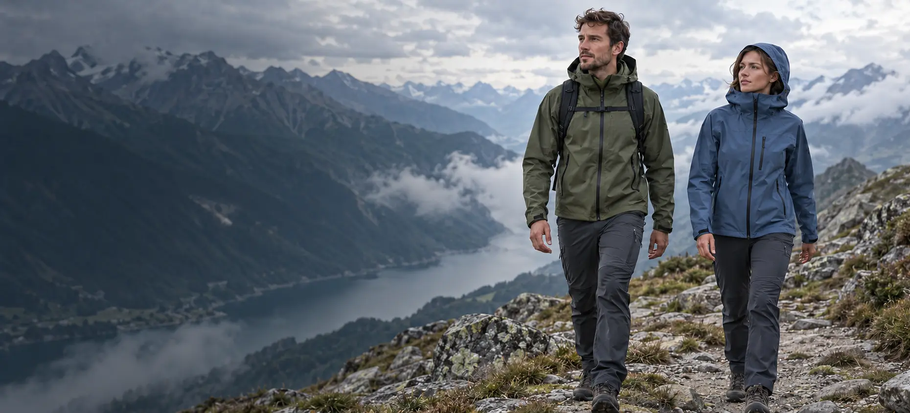 Outdoor models wearing technical shell jackets and stretch hiking pants in an alpine landscape