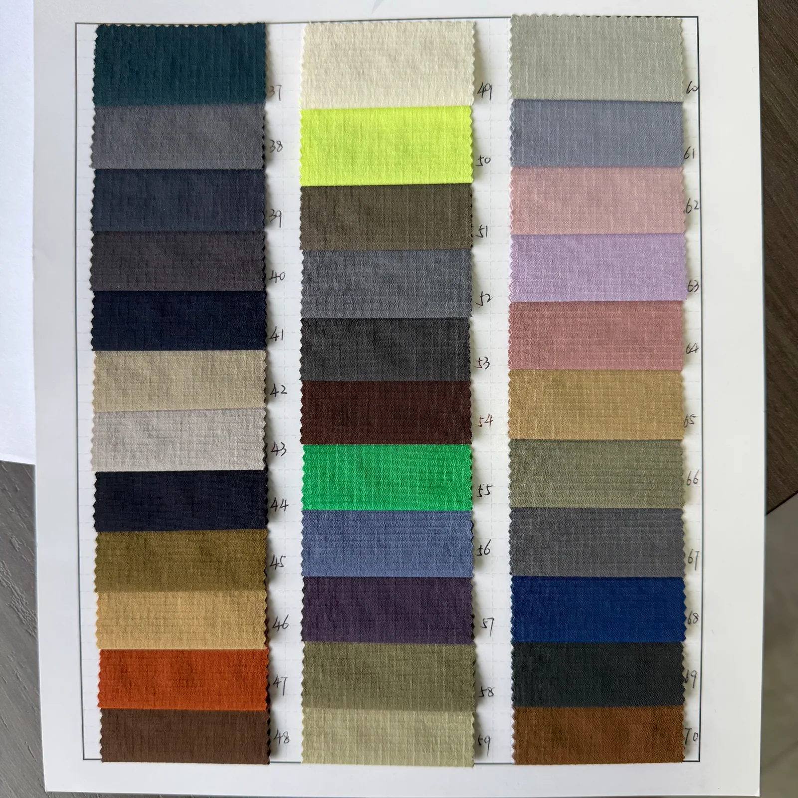 H1634 second supplied color card with additional Ripstop fabric swatches