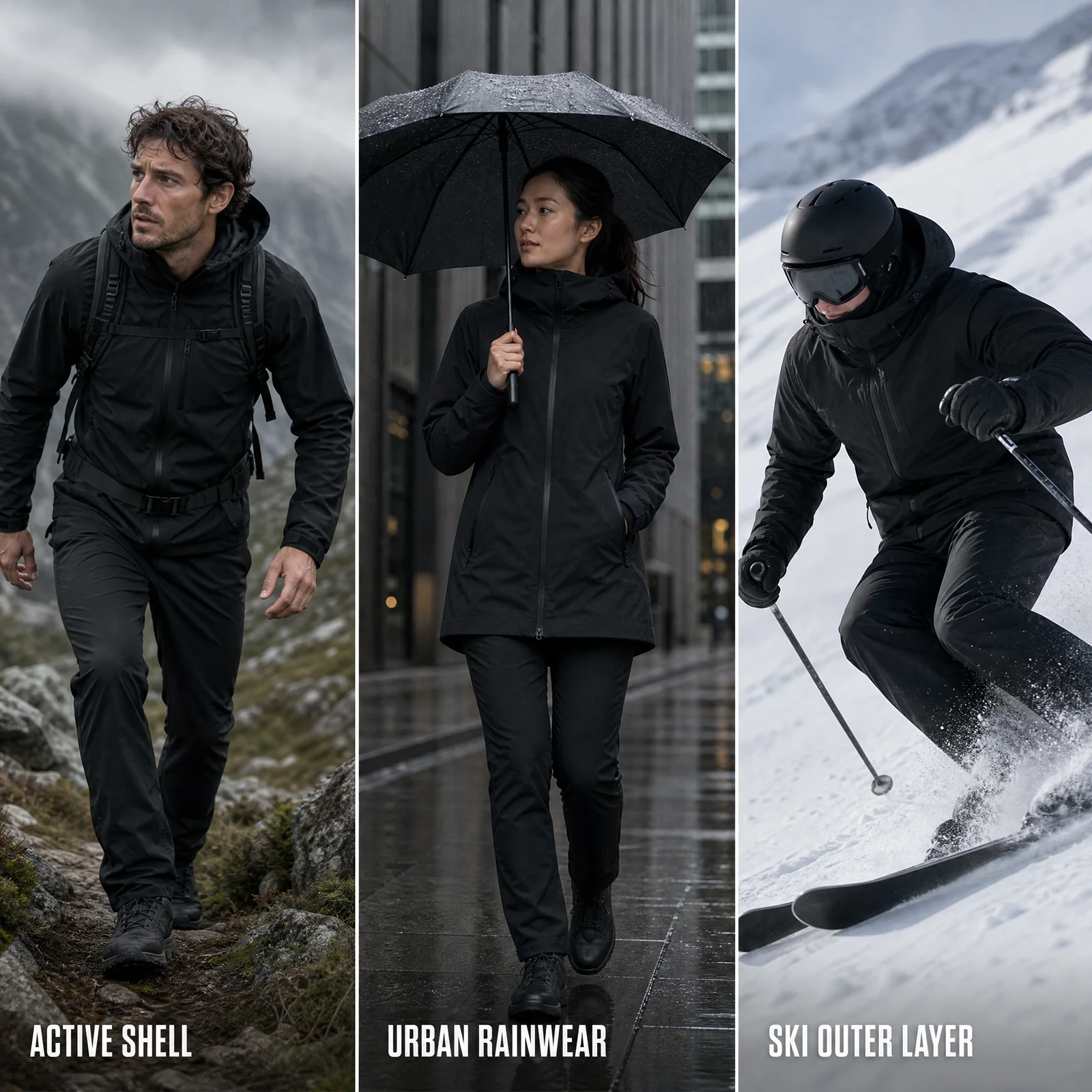 SJ-S005 applications for active shells, urban rainwear and ski outer layers