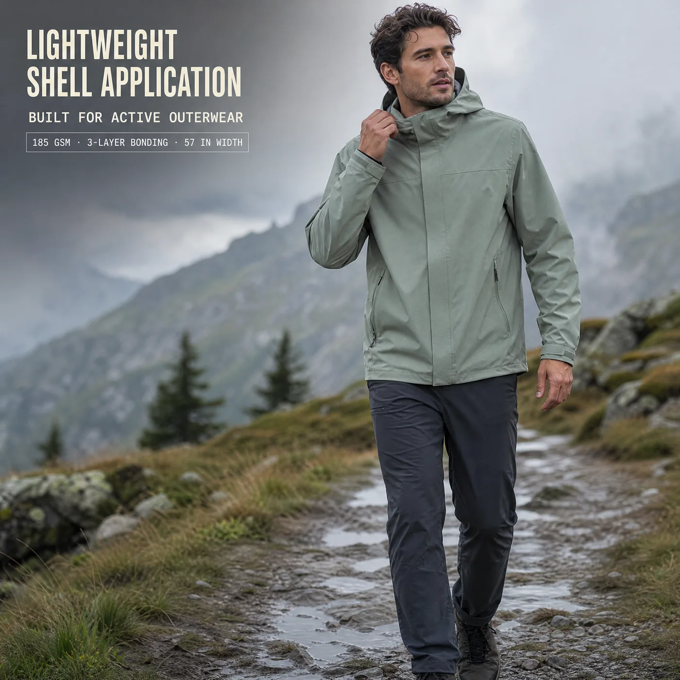 Illustrative YA0443 sage-gray shell jacket application on a mountain trail