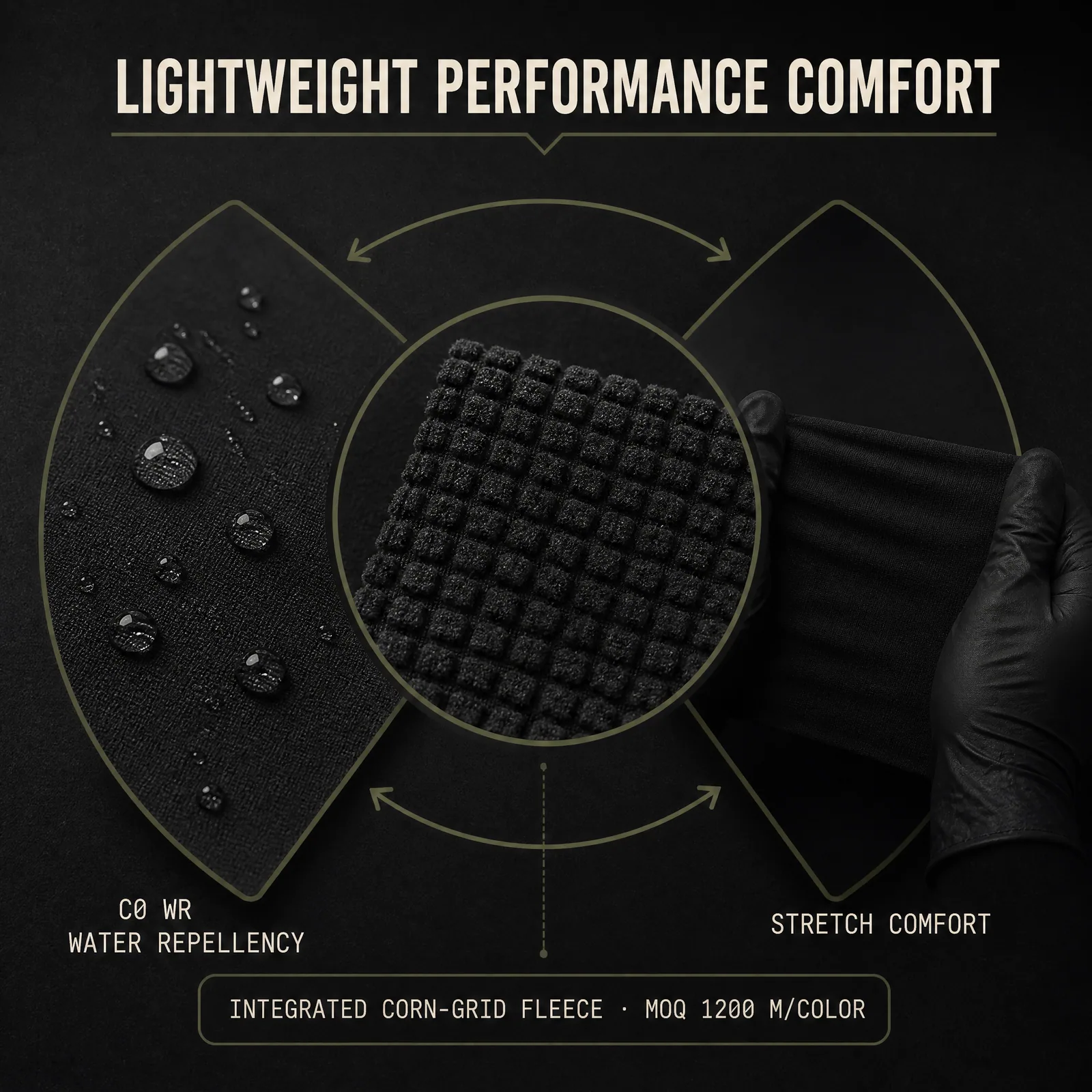 YA1308 C0 WR, stretch-comfort and integrated corn-grid feature directions