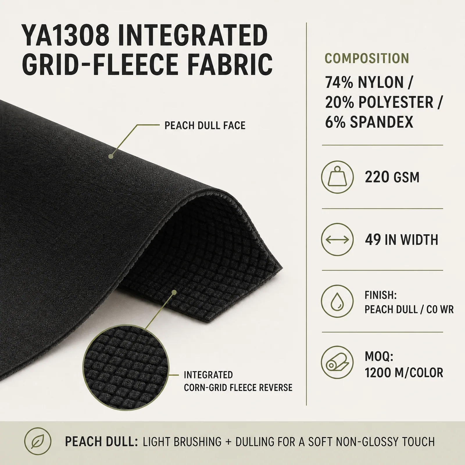 YA1308 composition, weight, width, finish and integrated corn-grid fleece specifications