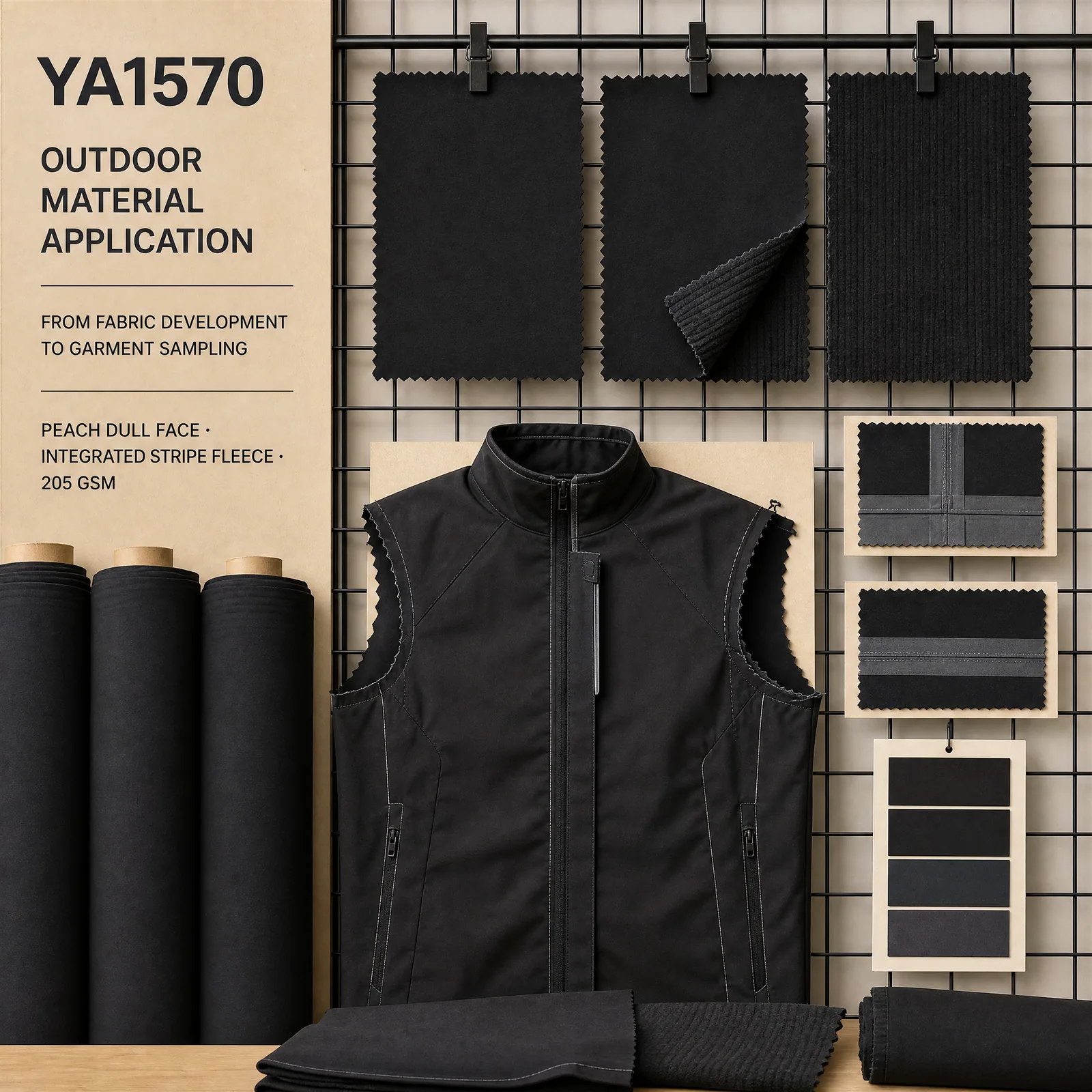 YA1570 outdoor material development board with stripe-fleece samples and lightweight jacket application