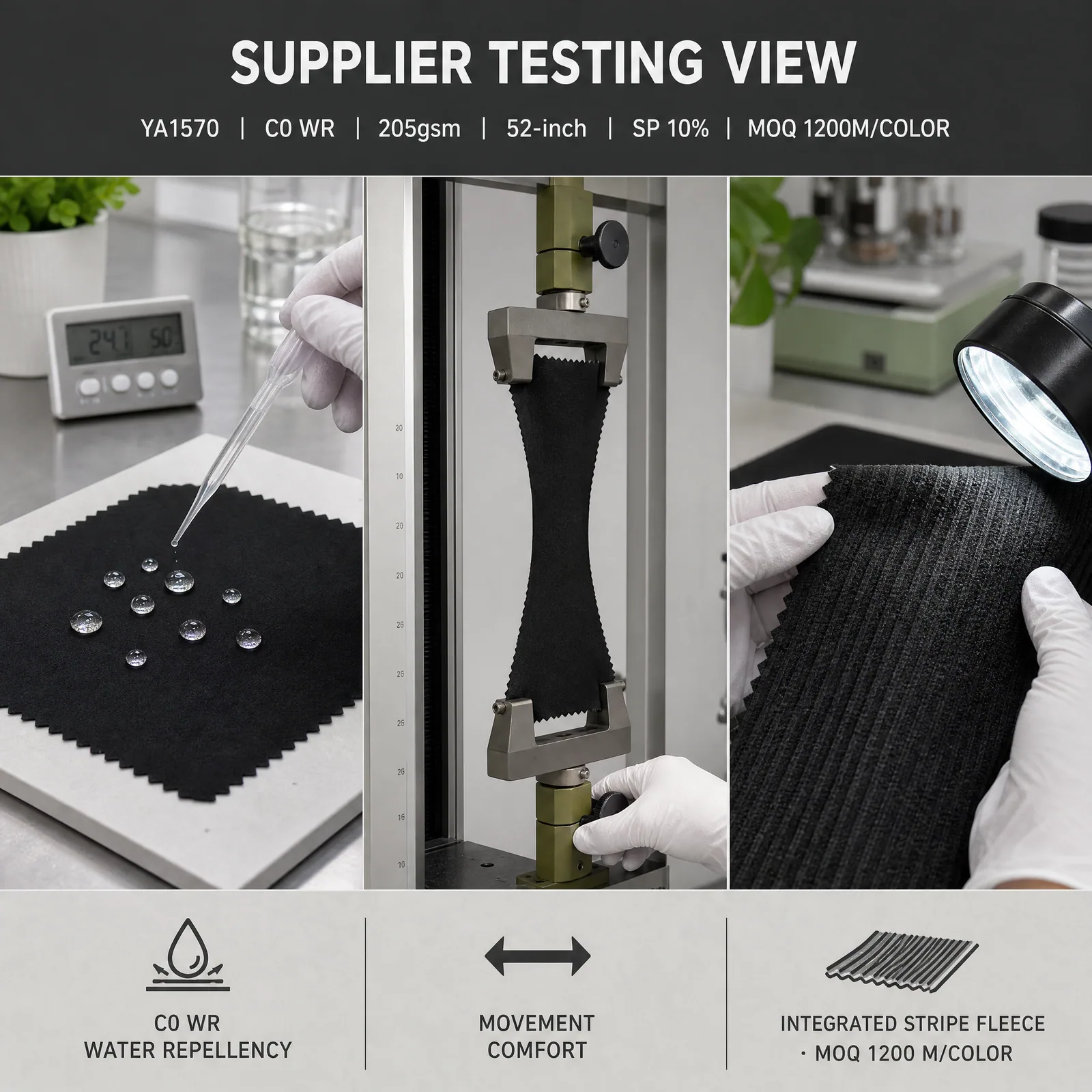 YA1570 supplier testing visualization for water repellency, stretch and stripe-fleece inspection