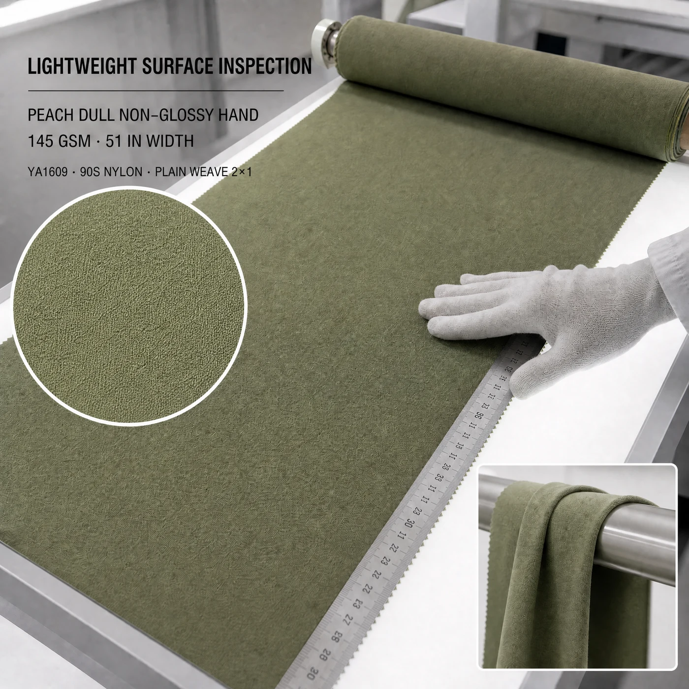 YA1609 supplied surface-inspection illustration showing an olive fabric roll, texture close-up and width review