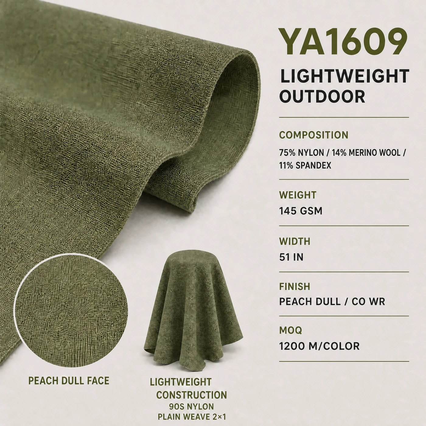 YA1609 supplied composition, weight, width, Peach Dull finish and MOQ specification illustration