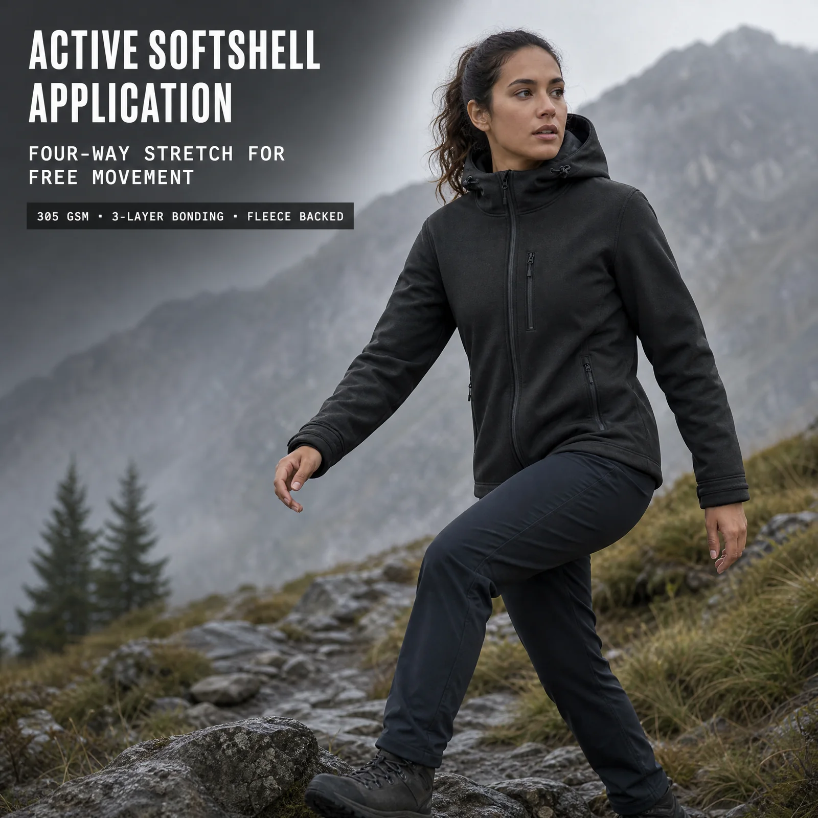 YA2806 applications for stretch softshell jackets, hiking trousers and cold-season workwear