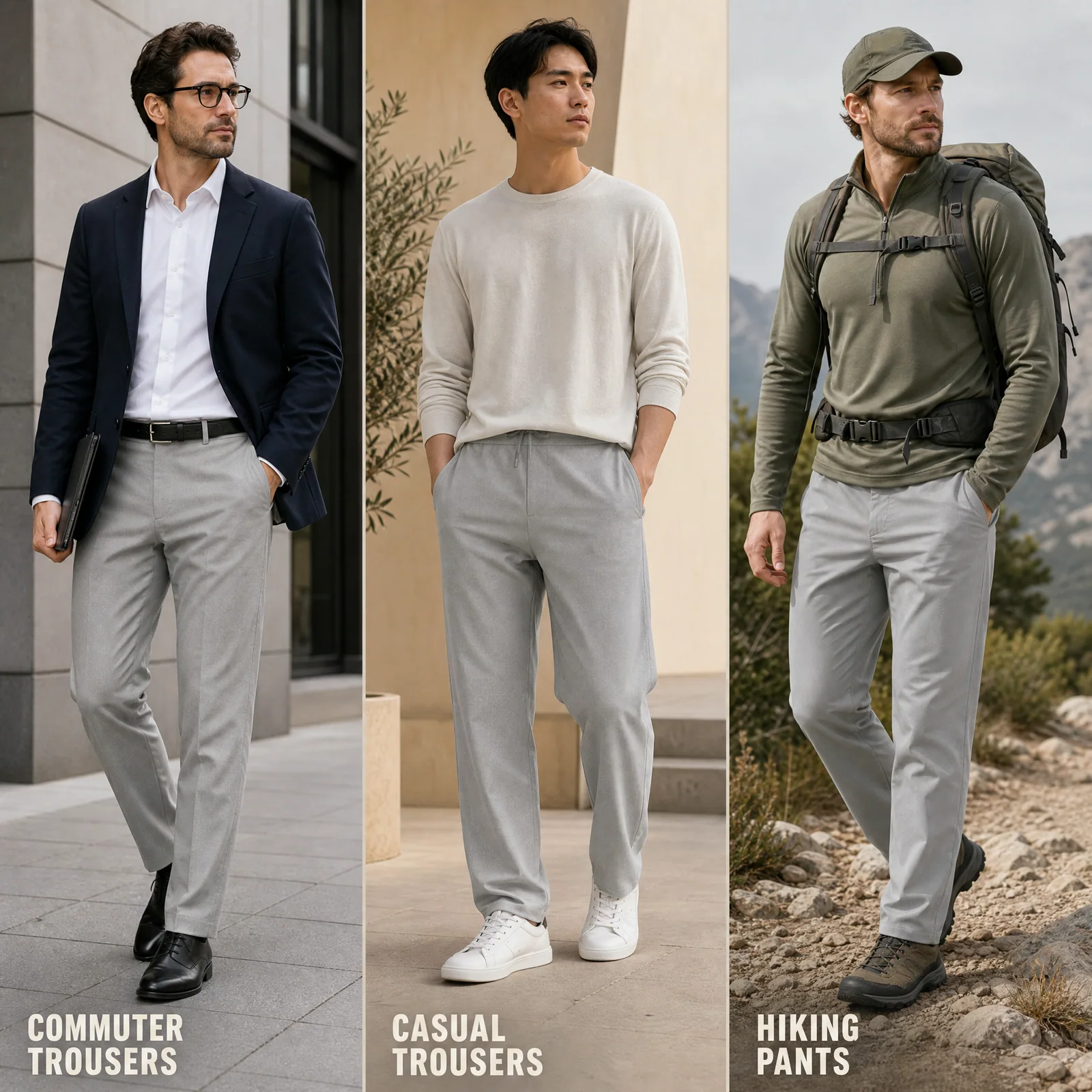 YA33 applications for commuter trousers, casual trousers and hiking pants